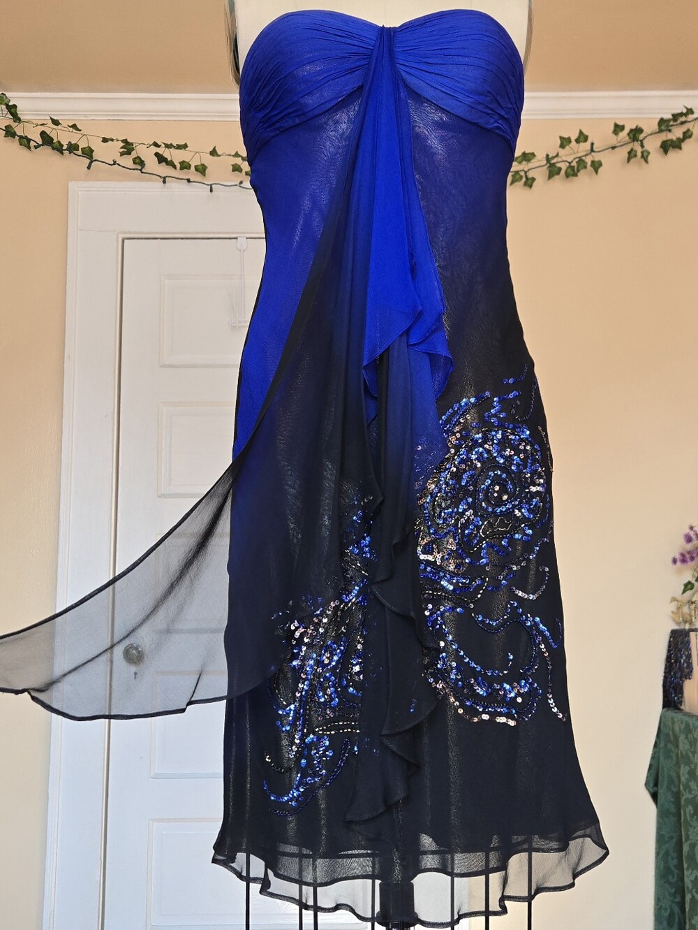 Diane Freis Silk Chiffon Beaded Black & Blue Ombre Midi Dress, Metallic Layer
